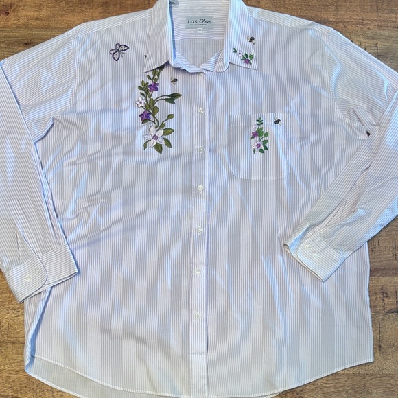 Las Olas Womens Button Up Shirt Purple Striped 1X  Embroidered  Flowers (16) - Picture 1 of 7
